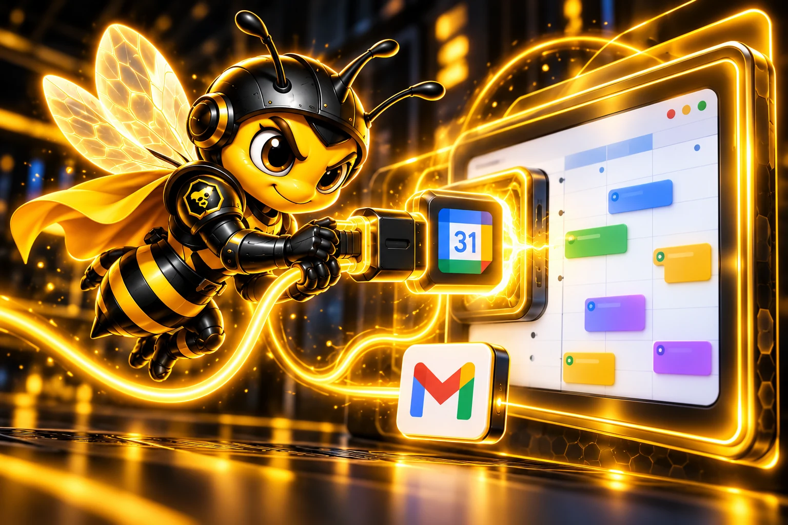 Armored LeadDefender bee connecting a glowing cable to a colorful calendar