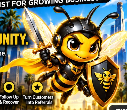 LeadDefender armored bee mascot with sword and shield